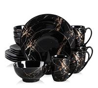 LOVECASA Serie Daphne Vajilla de Porcelana de Lujo, Juego de Vajilla de Conjunto de Oro Inlay para 4 Personas, Con 4 Cuencos, 4 Tazas, 4 Platos de Postre y 4 Platos de Cena Negro