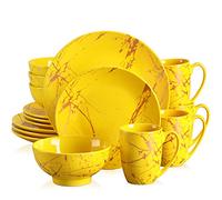 LOVECASA Serie Daphne Vajilla de Porcelana de Lujo, Juego de Vajilla de Conjunto de Oro Inlay para 4 Personas, Con 4 Cuencos, 4 Tazas, 4 Platos de Postre y 4 Platos de Cena Amarillo