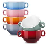 Lovecasa, taza de caldo con asas, 400 ml, cuencos para sopa de cerámica de 6 piezas, apto para lavavajillas y horno, multicolor