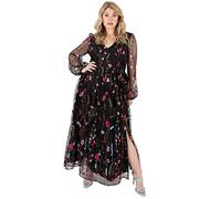 Lovedrobe Ladies Maxi Dress for Women Plus Size Curve Embroidered Flowers Mesh Long Sleeve Bishop V Neckline Slit Split Black Vestido, 52 para Mujer