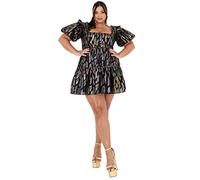 Lovedrobe Minivestido de cóctel para Mujer, Talla Grande, con Bolsillos, Escote Cuadrado, Manga Corta, Acampanado, Color Negro Vestido, 44