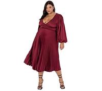 Lovedrobe Pleated Midaxi Dress Ladies Evening Gown V Neckline Back Keyhole Long Sleeve Bishop Satin Burgundy A Line Vestido, Red, 20 para Mujer