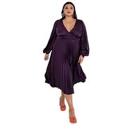 Lovedrobe Pleated Midaxi Dress Ladies Evening Gown V Neckline Back Keyhole Long Sleeve Bishop Satin A Line Vestido, Purple, 22 para Mujer