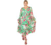 Lovedrobe Plus Size for Womens Ladies Long Sleeve Maxi Dress Abstract Print Bishop Back Hole V-Neckline Faux Wrap Tie Belt Vestido, Green, 50 para Mujer