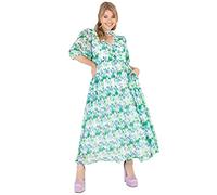 Lovedrobe Summer Dresses for Women Plus Size Curve Ladies Midi Sun Dress Faux Wrap High V Neckline Waist Puffed Sleeve Lace Black, Vestido Mujer, Blue,