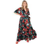 Lovedrobe Vestido Largo para Mujer de Talla Grande, Cuello en V, Manga Corta, Volantes Tropicales con Bolsillos para el Verano, Negro, 50