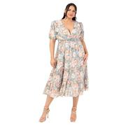Lovedrobe Vestido Midi para Mujer con Cuello en V, Manga Corta abombada, Cintura Fruncida, Estampado Floral, Volantes y Acampanado, invitada de Boda, Albaricoque, 42