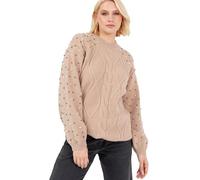 Lovedrobe Women's Cable Knit Jumper Ladies Crew Neck Sweater Long Balloon Sleeve Pearl Embellished Oversized Longline Knitwear Suéter, marrón Claro, 40-42 para Mujer