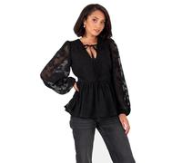 Lovedrobe Women's Floral Top Ladies Blouse Long Balloon Sleeve V-Neckline Peplum Chiffon Tie Front Smart Casual Office Wear, Negro 50