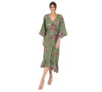 Lovedrobe Women's Ladies Maxi Dress V-Neck Kimono Half Sleeve Wrap Front High-Low Hem Abstract Floral Print Waist Tie A-Line Vestido, Green, 48 De Las Mujeres