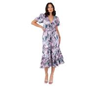 Lovedrobe Women's Ladies Midi Dress V-Neck Short Puff Sleeve Wrap Shirred Waist Floral Print Ruffle Fit and Flare Wedding Guest Vestido, Lila, 48 para Mujer