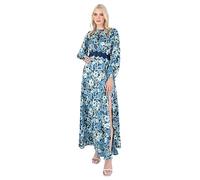 Lovedrobe Women's Maxi Dress Ladies Long Sleeve Satin Floral Lace Trim Round Neck Empire A-Line Wedding Guest Evening Occasion Vestido, Azul, 48 ES para Mujer