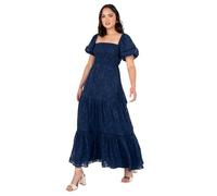 Lovedrobe Women's Maxi Dress Ladies Square Neckline Puff Sleeve Tiered Hem Floral Chiffon Shirred A-Line Tie Back Milkmaid, Azul Marino 46