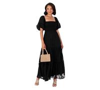 Lovedrobe Women's Maxi Dress Ladies Square Neckline Puff Sleeve Tiered Hem Floral Chiffon Shirred A-Line Tie Back Milkmaid, Negro 48