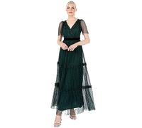 Lovedrobe Women's Maxi Dress Ladies V-Neck Short Angel Sleeve Tulle Ruffles Wrap Top Velvet Waistband For Evening Occasion Party Vestido, Verde, 46 Mujeres