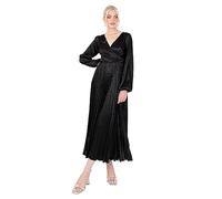 Lovedrobe Women's Midaxi Dress Ladies Pleated Satin V-Neck Long Bishop Sleeve Empire A-Line for Evening Occasion Party Prom Ball Vestido, Negro, 42 para Mujer