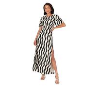 Lovedrobe Women's Midaxi Dress Ladies Round Neck Short Angel Sleeves Monochrome Wave Print Keyhole Back Elasticated Waist A-Line Vestido, Negro y Crema, 44 Mujeres
