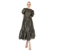 Lovedrobe Women's Midaxi Dress Ladies Round Neck Short Puff Sleeves Metallic Zig-Zag Tie-Back A-Line for Party Evening Occasion Vestido, Negro, 56 para Mujer