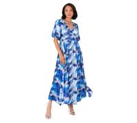 Lovedrobe Women's Midaxi Dress Ladies Satin Short Puff Sleeve V-Neckline Wrap A-Line Floral Print Evening Occasion Wedding Guest Vestido, Azul, 46 para Mujer