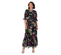 Lovedrobe Women's Midaxi Dress Ladies Short Puff Sleeve Round Neck Floral Chiffon Ruffle Tiered Bottom Hemline A-Line Occasion Vestido, Negro, 42 para Mujer