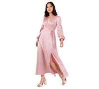 Lovedrobe Women's Midaxi Dress Ladies Wrap V-Neck Long Bishop Sleeve Satin Gold Fleck Side Tie Belt Split A-Line Wedding Guest Vestido, Color Rosa, 42 Mujeres