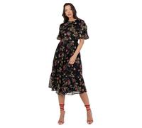 Lovedrobe Women's Midi Dress Ladies Round Neck Short Puff Sleeve Frilly Ruffle Detail Tie Back Printed A-Line Smart Casual Vestido, Estampado de Flores, 46 para Mujer