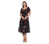 Lovedrobe Women's Midi Dress Ladies Sweetheart Neck Short Puff Sleeve Frilly Ruffle Detail Floral Print A-Line Smart Casual Vestido, Negro, 42 Mujeres