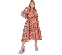 Lovedrobe Womens Midi Dress Plus Size Women Flower Pattern with Collar Long Sleeve Ruffle V Neckline Slit for Summer Office Vestido, Orange, 46 para Mujer