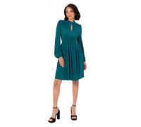 Lovedrobe Women's Mini Dress Ladies Long Balloon Sleeve High Neck Keyhole Detail Fit and Flare Plissé Cocktail Evening Occasion Vestido, Teal Green, 40 para Mujer