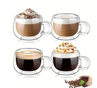 LoveFirst 4 * 150ml Tazas de Café de Cristal Expreso, Vasos de Espresso Transparentes con Aislamiento de Doble Pared con Asa, Tazas de Vidrio Borosilicato para Té, para Bebidas Frías y Calientes