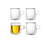 LoveFirst 4 * 250ml Tazas de Café de Cristal Expreso, Vasos de Espresso Transparentes con Aislamiento de Doble Pared con Asa, Tazas de Vidrio Borosilicato para Té, para Bebidas Frías y Calientes
