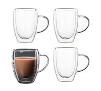 LoveFirst 4x150ml Cristal de Café Vidrio de Doble Pared Taza de Cristal Aislante Cappuccino con Mango Resistentes al Calor de Borosilicato para Té, leche, Espresso, Zumo, Cerveza y Cócteles