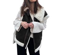 loveimgs Chaleco de invierno de piel de oveja cálida de ante para mujer, con cremallera, sin mangas, abrigo de piel de cordero con bolsillos, Negro Blanco, X-Large