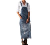 loveimgs Vestido de mezclilla desgastado para mujer, largo con pechera, tirantes ajustables, estilo pinafore, Azul/claro, Large