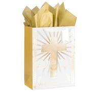 Loveinside Bolsa de regalo con diseño de cruz dorada, papel de seda para bautizos, bautizos, primeras comuniones, ocasión religiosa, 10 x 5 x 13 pulgadas, 1 unidad