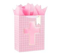 Loveinside Bolsa de regalo con diseño de diamante rosa y cruz, papel de seda para bautizos, bautizos, primeras comuniones y ocasión religiosa, 10 x 5 x 13 pulgadas, 1 unidad