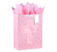 Loveinside Bolsa de regalo con patrón rosa y diseño de cruz, papel de seda para bautizos, bautizos, primeras comuniones y ocasión religiosa, 10 x 5 x 13 pulgadas, 1 unidad