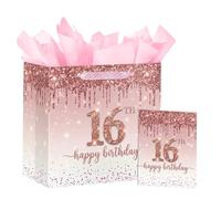 Loveinside Bolsa de regalo de 16º cumpleaños de 10'' para niñas, diseño 16 con purpurina oro rosa. Bolsa de regalo lujosa rosa con papel de seda y tarjeta. 10'' x 5'' x 10'', 1 paquete