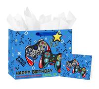 Loveinside Bolsa De Regalo De Cumpleaños Gamer Para Niños, Diseño De Control De Videojuegos Azul Con Texto. Bolsa De Regalo Mediana Con Papel De Seda, 33 X 12 X 25 Cm. (1 Unidad).