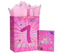 Loveinside Bolsa de regalo de cumpleaños rosa con papel de seda, etiqueta de regalo y tarjeta de felicitación para cumpleaños de séptimo niña, fiesta, baby shower y más, 10 x 5 x 13 pulgadas, 1 pieza