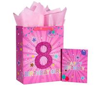 Loveinside Bolsa de regalo de cumpleaños rosa con papel de seda, etiqueta de regalo y tarjeta de felicitación para cumpleaños de 8º niña, fiesta, baby shower y más, 10 x 5 x 13 pulgadas, 1 pieza - 8º