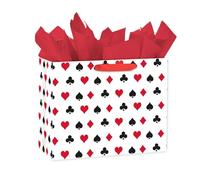Loveinside Bolsa de regalo grande de 13'' con temática de póker y patrón de cartas rojas y negras. Incluye papel de seda a juego. Ideal para noches de póker, Las Vegas, 13''x5''x10'', 1 pieza