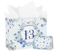 Loveinside - Bolsa de regalo grande de 13 cumpleaños de 13 pulgadas con tarjeta y papel de seda - Bolsas de papel con distintivo floral a rayas azules para cumpleaños de trece años