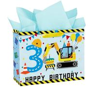 Loveinside Bolsa de Regalo Grande de 13" para el Tercer Cumpleaños con Diseño de Construcción con Papel de Seda - Bolsas de Papel de Ingeniería con Excavadora para la Fiesta de Cumpleaños de Niños