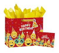 Loveinside - Bolsa de regalo grande de cumpleaños de emojis de 13 pulgadas - Tema de caras sonrientes divertidas rojas con papel de seda y etiqueta de tarjeta - 33x12,7x25,4 cm, 1 unidad para niños