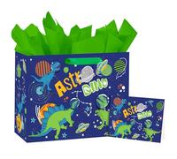 Loveinside - Bolsa de regalo grande de explorador de dinosaurios astronauta de 13 pulgadas para niños - Tema de dinosaurio espacial con papel de seda y etiqueta de tarjeta - 33x12,7x25,4 cm, 1 unidad