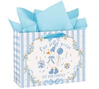 Loveinside Bolsa de regalo grande para primer cumpleaños de Silly Goose de 13 pulgadas con papel de seda, azul, bolsas de papel de ganso tonto para cumpleaños de niños, baby shower y fiesta