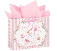 Loveinside Bolsa de regalo grande para primer cumpleaños de Silly Goose de 13 pulgadas con papel de seda, bolsas de papel rosa One Silly Goose para cumpleaños de niñas, baby shower y fiesta
