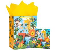 Loveinside Bolsa de regalo para bebé, diseño de animales de la selva con papel de seda y tarjeta de felicitación para baby shower, nuevos padres y más, 13 x 5 x 10 pulgadas, 1 unidad