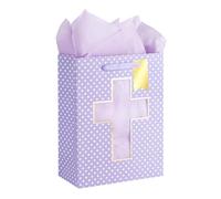 Loveinside Bolsa de regalo púrpura con diseño de cruz, papel de seda para bautizos, bautizos, primeras comuniones ocasión religiosa, 10 x 5 x 13 pulgadas, 1 unidad